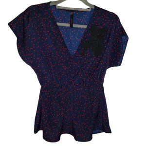Audrey 3+1 Navy Midnight Blue with Red Stars Top Applique Cinched Waist Blouse